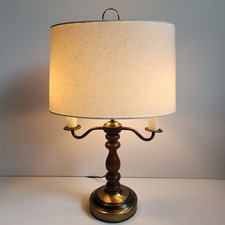 Vintage Double-Arm Candlestick Bouillotte Desk Table Lamp Turned Wood & Brass picture