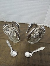 2 VTG MCM Silver Plate Crystal/Glass Articulated Swan Salt Cellars With Spoons picture
