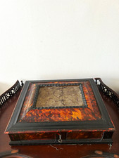 Antique Victorian Tortoiseshell Style Desk Box - Ebonized Wood Insert, Red Velv picture