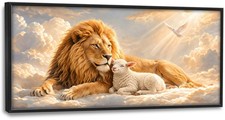 Lion and Lamb Christian Canvas Wall Art Framed 60x30in Lion of Judah Decor picture