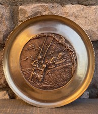 Brass Round 3D Plate Tray Wall Hanging Art - Village Scene People On Swing picture