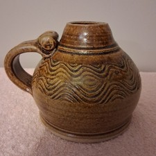 Studio Art Pottery Hand Thrown Pottery Jug Vase Brown Handle Artist Signed picture