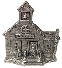Carson Pewter Schoolhouse Winter Scene Child, Snowman, Dog, Flag #1404  2 Sided picture