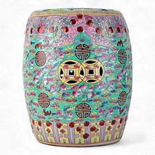 Teal-Green, Polychrome Porcelain Chinoiserie Stool. Hand Painted - 15.75