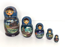 Vtg Russian Nesting Dolls Blue Set of 5 St Saint Petersburg 7 x 3.5