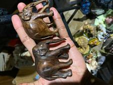 Pair of Handmade Hand-Carved Wooden Elephant Figurine Wood Animal Carving Decor picture