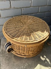 Vintage Pottery Barn Round Wicker Removal Lidded Basket With Straps 13” Diameter picture