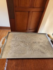 Vintage 1950's Wendell August Forge Hammered Aluminum Tray w/ Flowers  21 X 13
