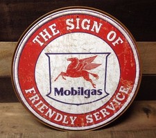 Mobilgas Friendly Service Round Sign Tin Vintage Garage Oil Gas Station Auto picture