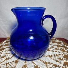 Pitcher Blue Cobalt Hand-Blown Art Glass Medium 7