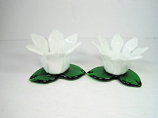Set Of 2 White Green Hand Blown  Glass Flower Tea Light Candle Holder 3