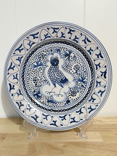 RARE Vntg Spanish Fajalauza? Blue Painted Tin Glazed Owl Bird Plate Wall Decor picture