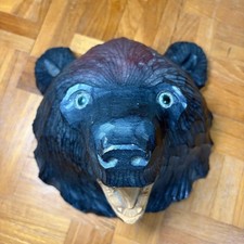 Vintage 1986 Hokkaido Bear Mask Hand Carved Enju Wood Folk Art Wall Decor Japan picture