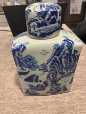 Vintage Chinese BlueWhite Porcelain Square Tea Caddy Jar Landscape Qianlong Mark picture