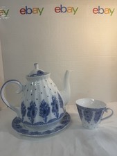 Vint Lomonosov Imperial Bridesmaid Baskets Teapot Cup Set Cobalt Blue White Gold picture