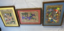 3 Vintage Mexican Bark FolkArt Gouache Painting Birds & Flowers Framed 17x13 picture