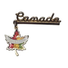 Vintage Canada Fredericton Maple Leaf Souvenir Pin Gold Tone Enamel Dangle picture