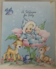 Vtg Welcome Baby Greeting Card Adorable Baby On Flower Deer Bluebird & Bunny picture