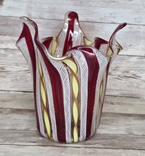 Vintage Murano White Lattice & Gold Ribbon Red Glass Handkerchief  Vase 5