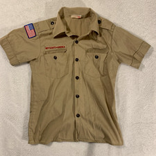 VTG 80s Boy Scout of America BSA Official Tan Short Sleeve Shirt Flag Patch 1983 picture