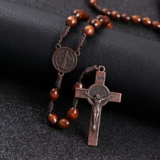 8mm Wooden Prayer Beads Rosary Necklace Cross Pendant Christian Jewelry picture