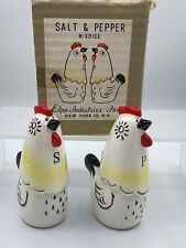 Vtg Chicken Rooster Ceramic Salt & Pepper Shakers Noise Makers White Red Japan picture