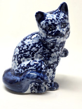 Vintage Porcelain Blue and White Chinoiserie Floral Chintz Cat Figurine  6 1/2