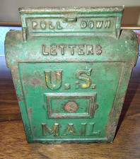 Vintage Green Cast Iron US Mail drop box still bank/piggy bank. picture