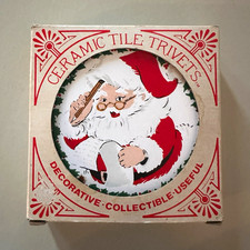 Vintage 1982 JASCO Santa Claus Ceramic Tile Trivets Set of 2 Original Box Taiwan picture