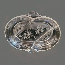 Fostoria Heather 3 Part Divided Relish Tray Dish Frosted Flowers Glass w/Handles picture