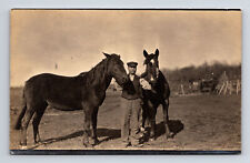 RPPC Man on Farm With Two Horses Real Photo Postcard picture