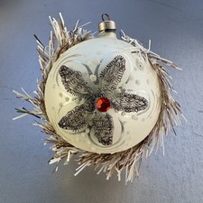 Vintage Frosted Glass Ornament Coiled Wire Flower Tinsel Garland Austria 3.25” picture