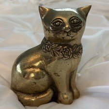 Vintage Seiden Brass Plated Cat Figurine Rose Collar Korea Kitty Decor 5” Tall picture