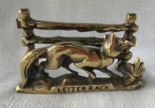 Vtg English Solid Brass Fox Letter Rack Desk Figurine Business Card Mail Holder picture