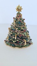 Vintage Monet Christmas Tree Trinket Box Hinged Lid Green Enamel Gold 2