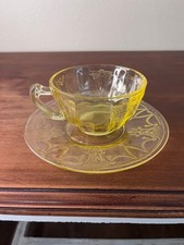 Vintage Cameo Ballerina Topaz Yellow Depression Glass Cup & Saucer  picture