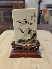 Vintage Chinese Hand Painted Marble Plaque Bird Floral Scene Wood Stand picture