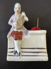 Vtg Hand Painted Porcelain Pincushion Colonial/English Man Lyre JAPAN 3 3/4