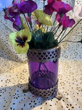 Vtg Purple Etched Blown Glass Vase Brass Base & Top Hearts Crosses Medieval Gift picture