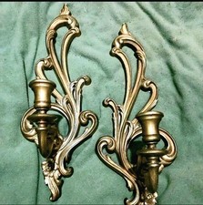 Vtg Pair 1952 Gold Candle Sconces Floral Hollywood Regency Syroco Resin Plastic picture
