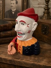 Cast iron vintage Jester Clown Character Piggy Bank Still Bank Red Hat  picture