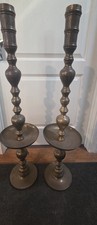 Pair Etched Brass Altar Candle Holders Moroccan Turkish Style Candlesticks 36” picture