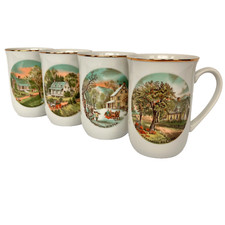 VTG Currier & Ives Collectible Four Seasons Ceramic Cups - Set of 4 Mugs picture