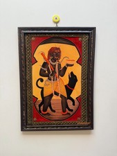 Vintage Kaal Bhairav Picture Wooden Wall Hanging Hand Painted Frame - 16 x 22 