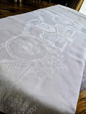 Vtg IRISH LINEN double DAMASK banquet TABLECLOTH #5 Celtic Harp Shamrock 68x135 picture