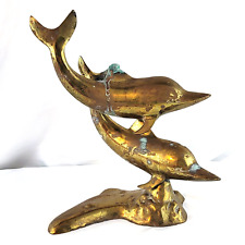 Vintage Brass Dolphin Sculpture Decoration Patina 10” Tall X 8.5” Wide Nautical  picture