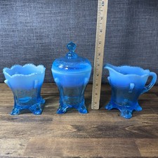 Antique Northwood Blue Opalescent Regal EAPG Sugar Creamer Spooner Set - Chipped picture