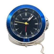 NEW Bulova Stainless Steel Travel Table Alarm Clock Blue Bezel Desk RUNNING picture