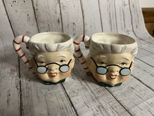 Vintage Lefton Double Faced 2 Sided Santa & Mrs. Claus Ceramic Mug Set Of 2 picture