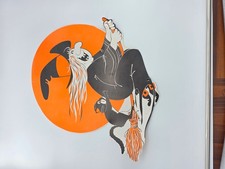Halloween Witch Broom Black Cat Orange Moon Two Sided Cutout picture